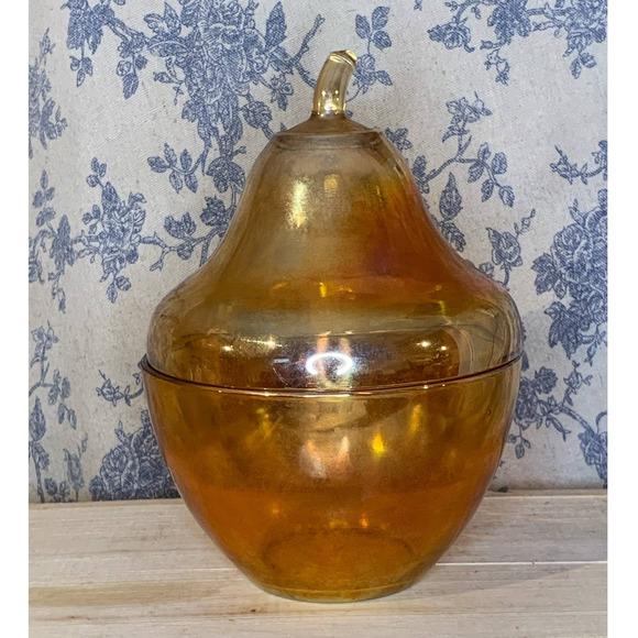Vintage Carnival Glass Pear Covered Candy Dish Marigold - Picture 3 of 11